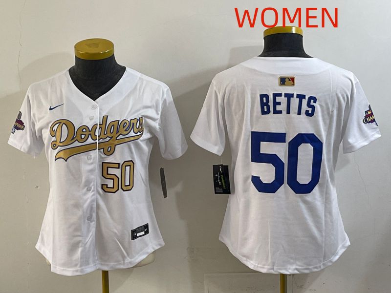 Women Los Angeles Dodgers #50 Betts White Champion edition Nike MLB Jersey style 004->women mlb jersey->Women Jersey
